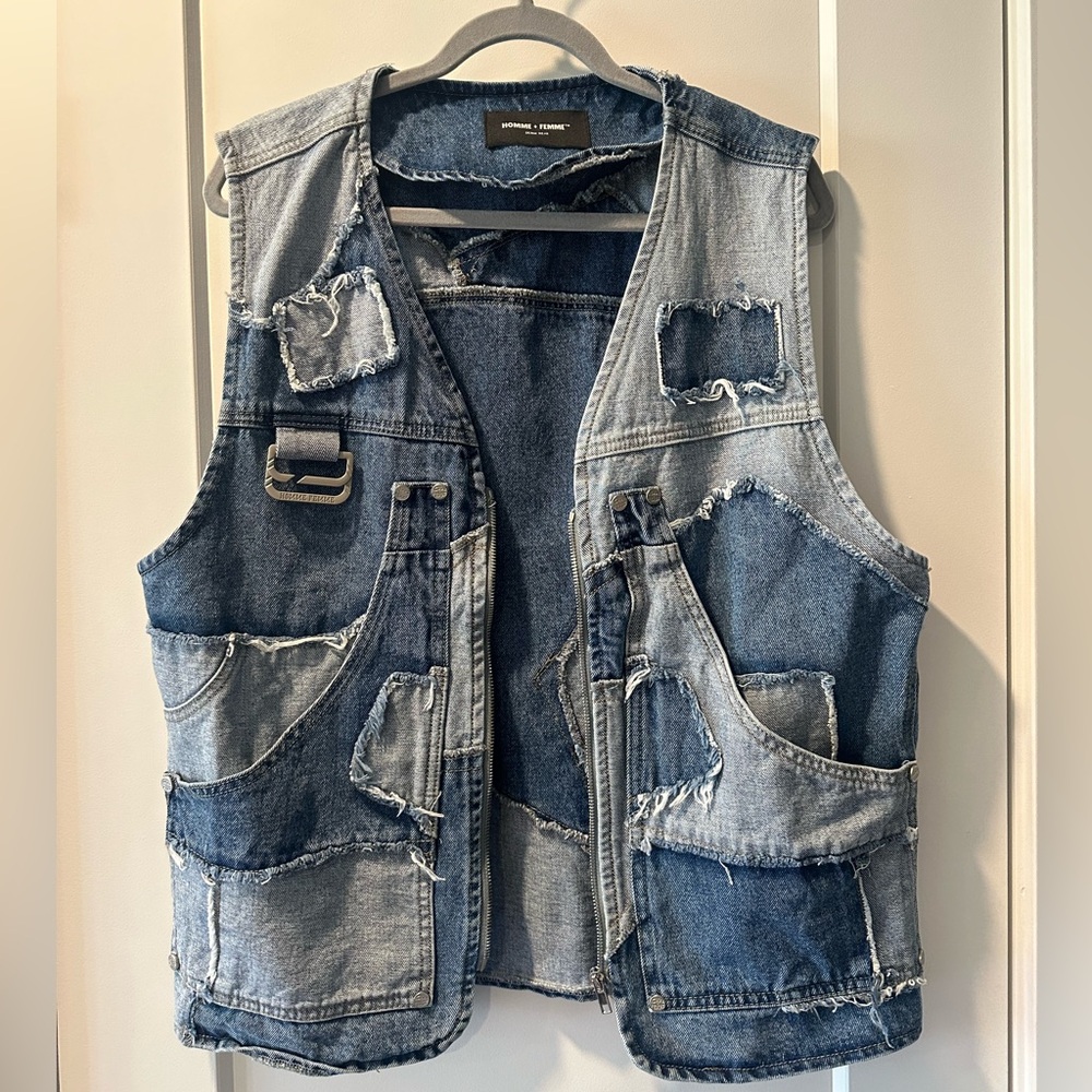 HOMME FEMME PATCHWORK DENIM VEST BLUE (Large)